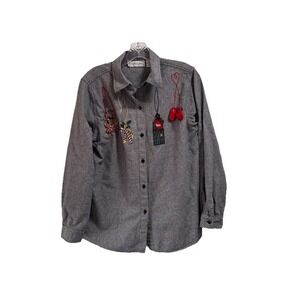 Christmas‎ Button Down Long Sleeve Embroidered  Shirt VTG Women's Medium